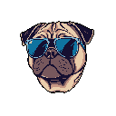 This pixel art portrait features a cool pug sporting stylish blue sunglasses. The close-up shot and direct gaze give the image a quirky and humorous vibe.