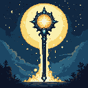 A majestic, glowing staff with a gem-encrusted orb at its head stands tall, framed by a colossal full moon in a starlit night sky. The ornate scepter emanates a powerful aura, emerging from a mystical, golden-orange energy source.