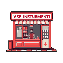 A pixelated shopkeeper stands ready in his red-fronted store, "VSE INSTURMENTI," filled with intriguing goods and hinting at a nostalgic, instrument-related trade. The charming storefront, complete with a striped awning and eye-like symbol, exudes a retro video game vibe.