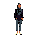 This pixel art depicts a confident woman in a hijab, casually posed with her hands in her pockets. Her relaxed stance and gentle smile convey a sense of quiet strength against a stark background.
