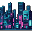 This pixel art showcases a vibrant, cyberpunk-inspired futuristic cityscape with glowing blue and pink buildings silhouetted against a black night sky. The densely packed architecture and illuminated windows create a sense of urban energy and scale.