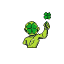 This pixel art image features a lime-green figure with a four-leaf clover for a head, presenting a smaller clover while sporting a lightning bolt emblem. The minimalist design and vibrant green palette create a whimsical and lucky vibe.