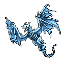 A majestic, skeletal ice dragon soars against a stark black backdrop. Its icy blue and white bones are caught mid-flight, wings outstretched in a powerful display. This chilling yet captivating pixel art evokes a sense of formidable beauty.