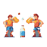 Two pixelated figures raise frothy mugs in a celebratory toast to a popping bottle, creating a festive and energetic scene. The retro-style image captures a moment of camaraderie and revelry with its vibrant color palette and dynamic poses.