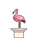 This pixel art image features a pink flamingo perched atop a classical pedestal. The vibrant bird, rendered in varying shades of pink, stands gracefully in a moment of stillness against a stark black background.