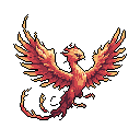 A majestic pixel art phoenix soars against a stark black void, its fiery plumage rendered in vibrant reds, oranges, and yellows. The powerful bird, wings fully extended, embodies fiery energy and mythical resilience.