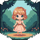 A cute, peach-toned character with striking cyan eyes and a gentle smile stands peacefully in a sunlit forest clearing. This pixel art image evokes innocence and tranquility with its soft, earthy palette and retro aesthetic.