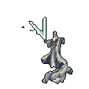 A regal mage stands poised, wielding a glowing light-saber-like weapon, his flowing robes suggesting powerful motion. This pixel art figure exudes an aura of elegant power and high-fantasy action.