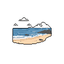 This pixel art captures a serene beach scene with gentle waves lapping onto a sandy shore dotted with grey rocks. The muted blues and beiges evoke a sense of calm and natural beauty, highlighted by a dynamic wave cresting on the right.