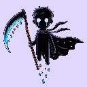 A melancholic, black pixel art figure floats while crying blue tears and wielding a glowing scythe. The stylized character's design and ethereal blue accents create a somber yet vulnerable feel.