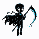 This pixel art features a stylized grim reaper figure, complete with a large, glowing scythe and luminous, crying eyes, creating a striking image of death. The stark color palette and minimalistic design emphasize the ominous and unsettling theme.