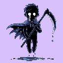 A chibi Grim Reaper levitates from a dark pool, its glowing white eyes piercing through the somber scene as it clutches a large scythe. The dark figure, set against a soft lavender background, evokes a mysterious and melancholic mood.