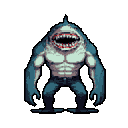 This pixel art image features a menacing, upright shark creature with a wide stance and fierce expression, showcasing raw power in a retro style. Its open mouth and clawed fists convey a predatory intent, making it a striking and imposing figure.