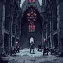 A heavily armed squad stands guard within the desolate ruins of a cathedral, their somber presence and weaponry hinting at a dangerous mission. The leader faces forward.