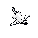 A pixelated space shuttle, rendered in stark black and white, is poised for flight against a void-like background. The retro style evokes a sense of classic space exploration.