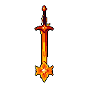 This pixel art showcases a vibrant, fiery sword radiating power against a stark black background. The blade glows with internal light, suggesting a mystical and potentially dangerous weapon.