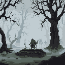A cloaked figure sits wearily on a stone platform in a misty forest, surrounded by the silhouettes of other figures and swords. The scene evokes a sense of loneliness and foreboding amidst the gnarled trees and damp ground.