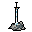 This pixel art features a minimalist white and blue flagpole capped with orange-brown, standing atop a grey mound. The simple design and stark black backdrop create a sense of isolation and quiet observation.