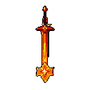 This pixel art showcases a powerful, fiery sword with a molten-looking blade and glowing orange and yellow accents. The vibrant colors and star-shaped details evoke a sense of fantasy and magical strength.