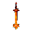 This pixel art showcases a vibrant, fantasy sword with a fiery blade and intricate hilt, radiating power and hinting at a magical origin. Its warm color palette and glowing details create a sense of danger and heroism.