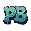 This pixel art features stylized, weathered "PB" letters in a grungy, graffiti-like font. Dripping elements and a desaturated teal color palette create a mysterious and slightly ominous vibe.