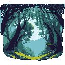 A pixelated path beckons through an enchanted forest, its dense canopy framing a luminous destination in the distance. The serene color palette and subtle details create a mysterious and inviting journey into the unknown.