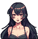 This pixel art portrait captures a young woman with a mischievous smile and wide eyes, her dark hair framing a face hinting at hidden depths. The retro style and subtle allure create a captivating and slightly mysterious vibe.