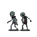 This pixel art showcases two distinct zombie sprites in a classic, side-scrolling style, their skeletal forms and eerie expressions rendered with muted colors. The duo's contrasting poses—one lurching with a grin, the other shambling and hunched—create a morbid yet humorous depiction of the undead.