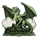A powerful, intricately detailed pixel art dragon dominates the scene as it perches atop a castle, its wings spread wide in a display of majesty. Rendered in a striking four-tone green palette reminiscent of classic handheld consoles, the image evokes a sense of epic fantasy and formidable strength.