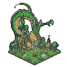 A colossal pixel-art dragon coils protectively around a sprawling fantasy settlement, its watchful gaze hinting at a symbiotic or perilous relationship between beast and civilization. The isometric view showcases the intricate details of the dragon and the village it guards.