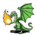 This pixel art showcases a vibrant green dragon in action, breathing a plume of fiery orange and yellow. The dragon's dynamic pose and intense expression, set against a stark black background, evoke a sense of power and nostalgia reminiscent of classic video games.