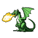 A classic fantasy dragon unleashes a fiery blast in this vibrant pixel art image. The green-scaled beast, rendered in an energetic retro style, roars as it dominates the frame with its powerful presence. Its monochromatic color scheme gives a nostalgic look.