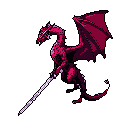 A powerful, red and purple pixel art dragon soars through the darkness, clutching a sword-like object and poised to strike. Its dynamic pose and detailed scales create a sense of epic fantasy and adventure.
