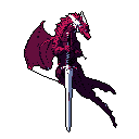 A powerful pixel art dragon stands tall, clutching a luminous sword in its claws. This magenta-hued guardian exudes mystique and strength, its presence enhanced by wisps of shadow.