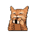 This pixel art depicts a delighted orange tabby cat, eyes closed in bliss, as it enthusiastically devours a treat held in its paws. The charming image captures a moment of pure feline joy against a stark black backdrop.