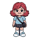 This pixel art features a cheerful girl with reddish-pink hair and a light blue top, her friendly smile inviting a closer look. Set against a black void, her simple design and bright colors create a cute and approachable character sprite.