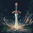 A legendary sword, radiating a powerful light, is plunged into the stone floor of a cavern. The ornate hilt and luminous blade suggest magic and mystery, creating a sense of reverence and power.