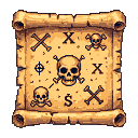 Unearth adventure with this pixel art treasure map scroll, complete with skull and crossbones, 'X' marks, and clues to untold riches. The aged parchment and warm color palette evoke a sense of mystery and the thrill of discovery.