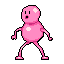 A quirky, pink blob character with a surprised expression stands out against a stark black background. This pixel art figure, defined by its simple design and exaggerated features, exudes a humorous vibe.