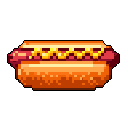 A pixelated hot dog takes center stage, showcasing a plump sausage, fluffy bun, and generous zigzags of mustard in a vibrant, nostalgic tribute to the classic food.