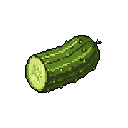 This pixel art image showcases a realistically rendered, halved cucumber with detailed shading and textures. The bright green interior and darker skin are carefully crafted using a muted, earthy palette. It's a simple yet striking depiction of the vegetable against a stark black background.