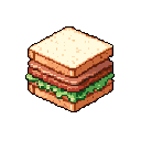 This pixel art image showcases a detailed, isometric club sandwich with visible layers of bread, meat, and lettuce. Presented against a stark black background, the nostalgic food icon evokes classic video game imagery.