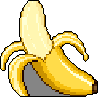 This pixel art image features a vibrant, partially peeled banana against a stark black background. The simple yet playful design highlights the fruit's iconic yellow hue and textured skin.
