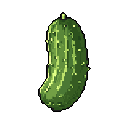 This pixel art image features a detailed, close-up portrait of a bumpy green pickle, rendered in earthy tones. The simple design and focus on the subject give it an iconic, video game sprite vibe.