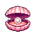 A shimmering pearl rests within an open clam shell, rendered in soft pink and purple pixel art. The image captures a sense of preciousness and hidden beauty.