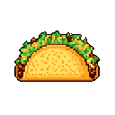 A mouthwatering pixel art taco is showcased in profile, filled with lettuce, cheese, and seasoned meat. The simple, warm color palette and isolated presentation make this delicious-looking image a celebration of a classic food.