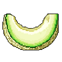 This pixel art image features a bright and cheerful slice of cantaloupe, its vibrant colors and upward curve creating a simple, inviting composition. The detailed pixelated texture captures the fresh appearance of the fruit against a stark background.