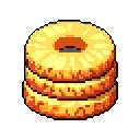 This pixel art image showcases a vibrant stack of three pineapple rings, rendered in warm yellows and oranges. The simple, isolated composition focuses solely on the textured fruit.