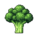 This pixel art showcases a detailed, front-facing broccoli head, its vibrant green florets and sturdy stalk rendered in a classic low-resolution style. Set against a stark black void, the image offers a clean and nostalgic study of this common vegetable.