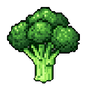 This pixel art image showcases a solitary broccoli head, rendered in varying shades of green against a stark black background. The simple yet detailed design evokes a nostalgic, retro vibe.